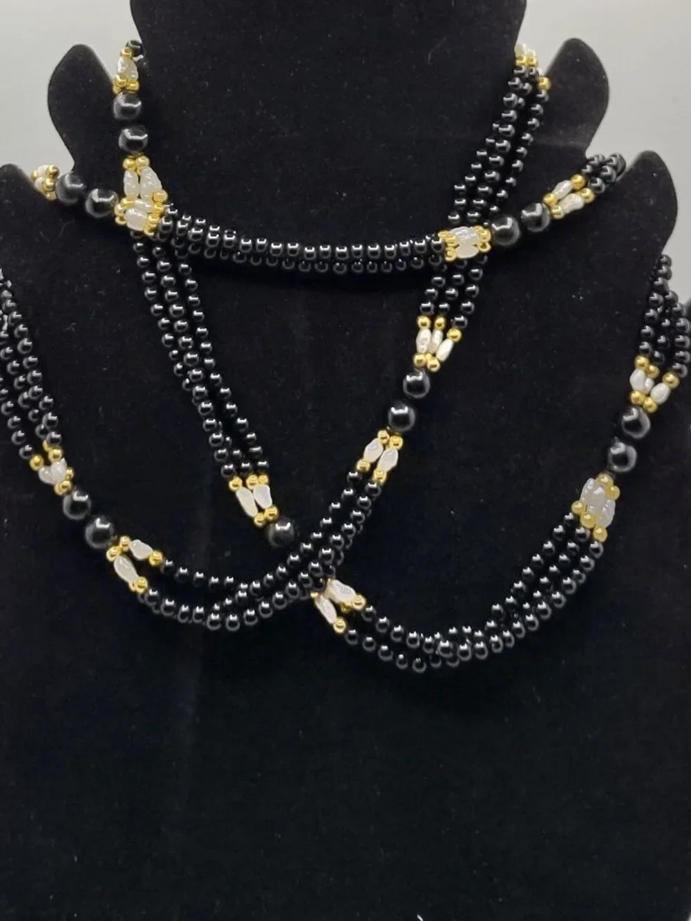 Necklace Black Onyx Beads + 10kt Gold Beads + Freshwater Pearls 30
